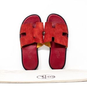Hermes Izmir Sandals Calfskin Suede Leather Flat Slip On Cherry Red Mens 40 US7